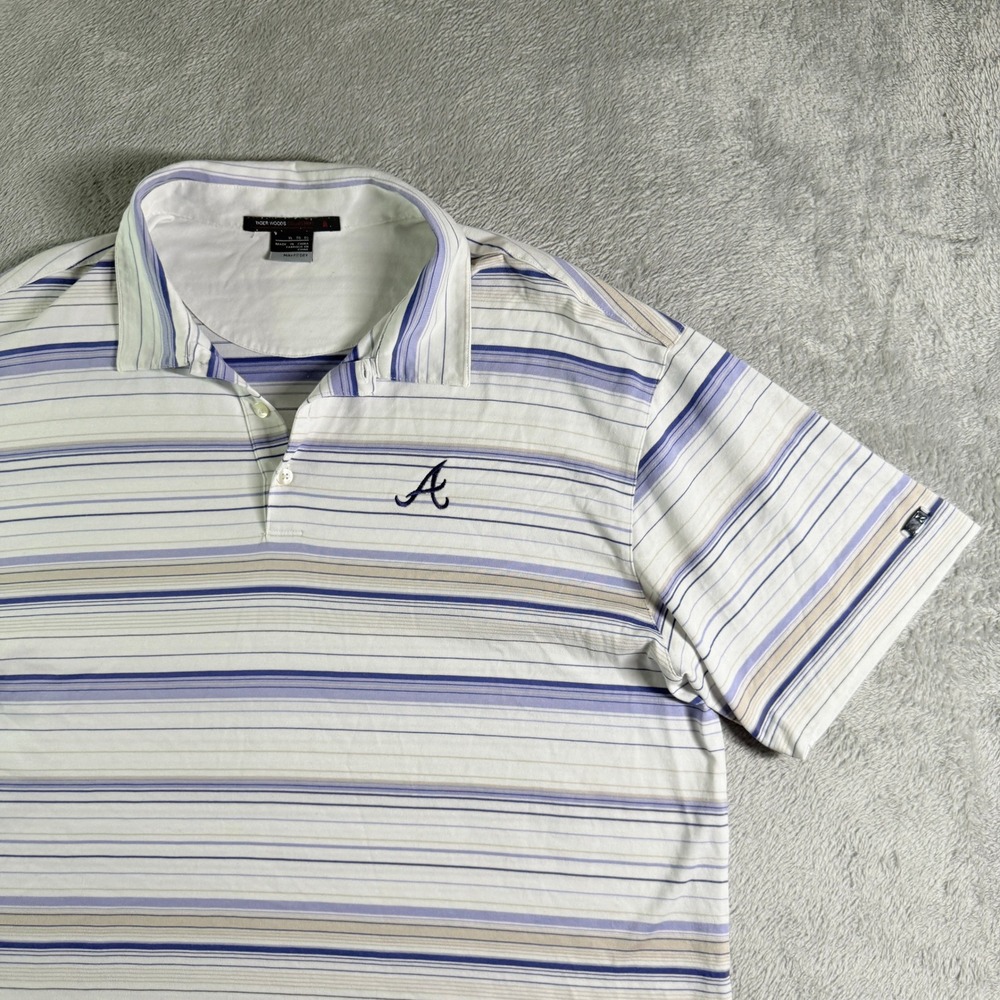 Y2K Nike Tiger Woods Collection Polo Shirt Mens XL Blue Stripe Braves Logo